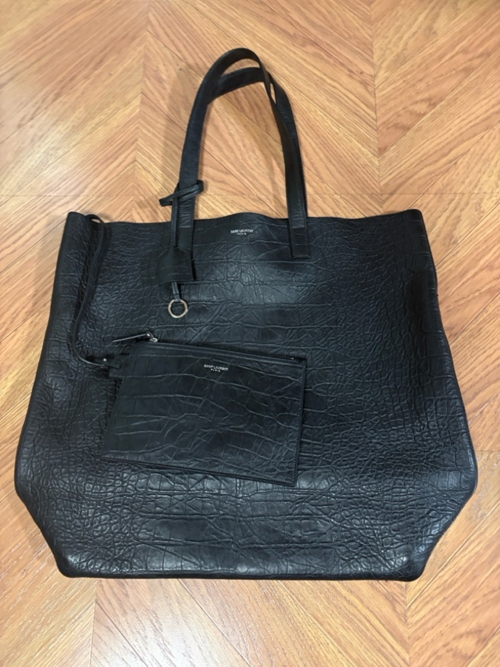 Saint Laurent Black Croc-Embossed Leather Tote with Detachable Bag and Dust Bag